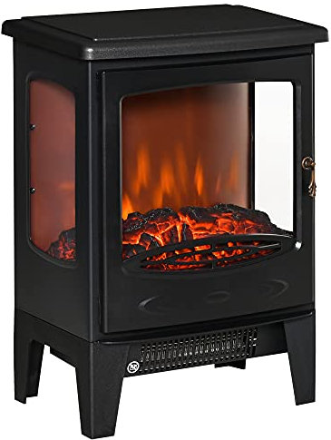 HOMCOM Chimenea Eléctrica 900W/1800W Chimenea Decorativa de Pie con Ventanas Efecto de Llama Temperatura Ajustable y Protección Sobrecalentamiento para 20-25 ㎡ Negro