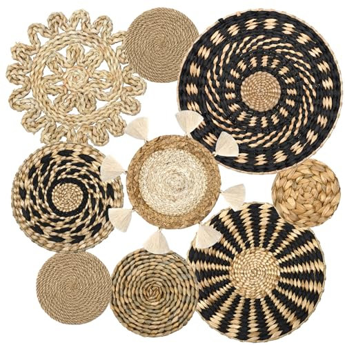 ASTNIC 9er Set Boho Wandkorb Wandbehang Rattan Dekor Set, Runde Gewebte Boho Rustikale Wandkörbe mit Quasten, Makramee Handgewebte Körbe Wandkunst Dekor für Wohnzimmer Schlafzimmer Esszimmer Büro