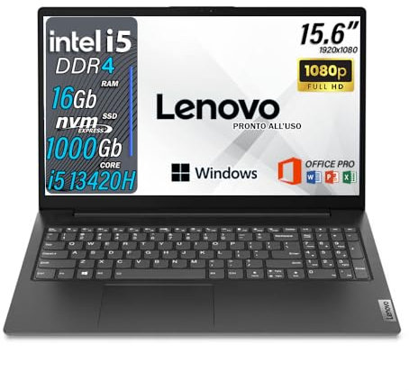 Lenovo Notebook i5, Pc portatile intel core 13th 8 core, Ram 16gb, Display 15.6 Full Hd, Ssd 1 b Nwme,Wi fi, Bt, Windows 11 Pro, Office Pro, Laptop i5 pronto all’uso