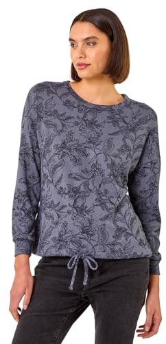 Roman Originals Floral Print Tie Hem Top for Women UK - Ladies Everyday Autumn Winter Round Neckline Comfy Soft Evening Vacation Work Party Night Out - Grey - Size 12
