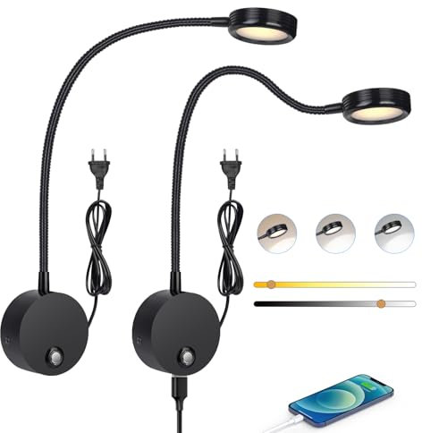 ERWEY 2 Stück LED Leselampe Wandmontage, Wandleuchte mit Touch-Dimmer (3000-6000K), 4W Bettlampe mit 360° Flexiblem Schwanenhals und USB-Ladeanschluss für Bett, Schlafzimmer (Schwarz)