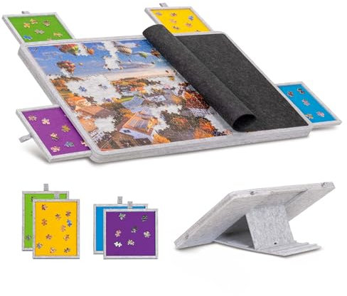 Becko US Tablero de rompecabezas inclinable de 1000 piezas con 4 cajones y cubierta coloridos, mesa de rompecabezas de fieltro ligera y portátil con caballete empotrado, 3 opciones de inclinación