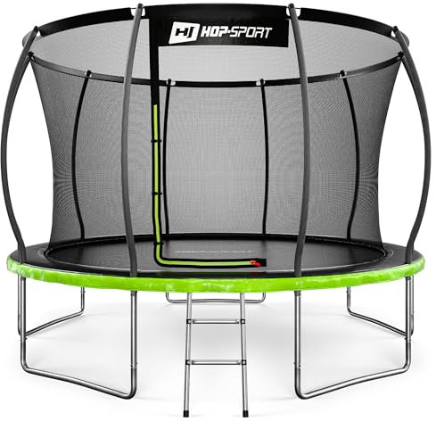 Hop-Sport Trampolin Outdoor - Ø 244/305/366/427/488 cm - Trampolin mit innenliegenden Sicherheitsnetz, gebogenen Netzstangen und Sicherheitszertifikaten - Komplettset mit Leiter Randabdeckung (366 cm)