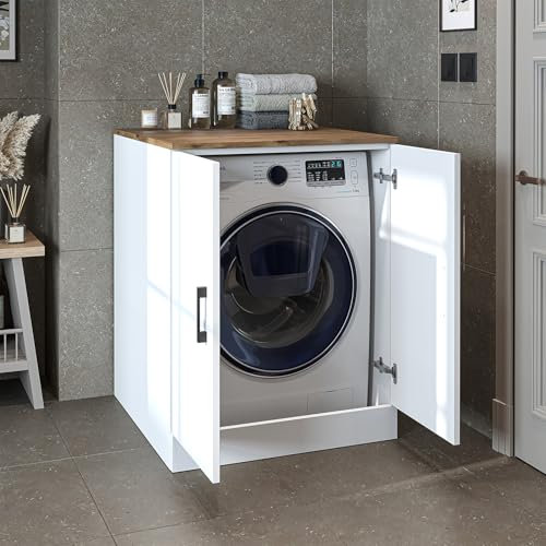 ROOMART, Badezimmer, Waschmaschinenschrank, Waschturm, Waschmachinenregal, Waschmaschinenüberbau - BHT: 70 x 180 x 69 cm (ohne Oberschrank, Weiß Eiche)