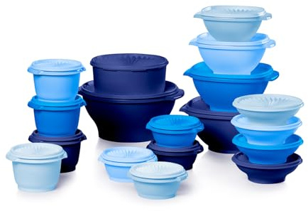 Tupperware Heritage Collection, nuovo set di 36 contenitori per alimenti in blu vintage, idonei per lavastoviglie e senza BPA (18 contenitori, 18 coperchi)