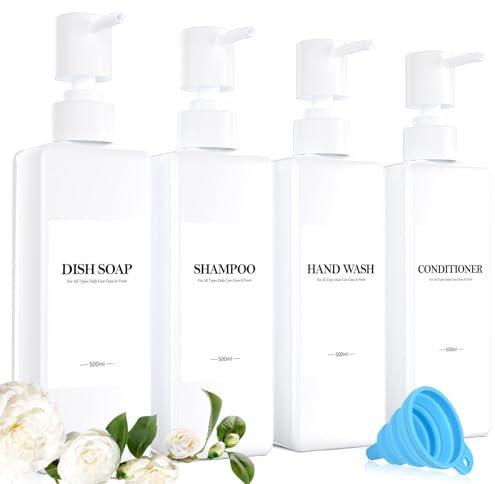 Juego de 4 Blanco Dispensador Jabon BañO, 500ml Dosificador Jabon BañO, Dispensador Gel y Champu Ducha, con Embudo y Etiqueta Impermeable, Adecuado para Cocina, BañO y Aseo