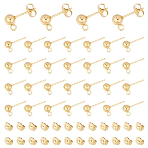 UNICRAFTALE 50Stk Ohrstecker Teile für DIY Schmuckherstellung | 18K Echtvergoldet Edelstahl golden Kugelform mit Öse mit Ohrmutter 16mm Ohrringnadel Schmuckzubehör