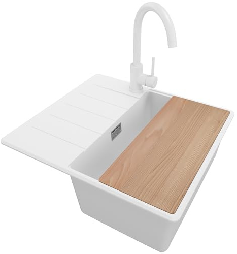 PRIMAGRAN Granitspüle ab 40er Unterschrank + Küchenarmatur, 55x50cm | Set: Küchenarmatur BW5010 + Ablauf-Set + Schneidebrett + Spülbecken 1 Becken - Kopenhagen Top, Weiß