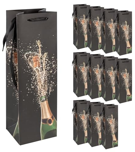 Idena 90413 - Flaschentaschen Sektflasche, 12 Stück in Schwarz, Geschenktaschen in der Größe 39 x 12 x 10 cm, Geschenktüten für den Geburtstag
