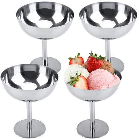 Ysislybin Coppe da Gelato in Acciaio Inossidabile, 4 Pezzi Ciotola per Gelato Rotondo da Dessert 200ml Riutilizzabili Bicchieri da Gelato Yogurt Snack Tazze Caramelle Ø 10cm (Alto)