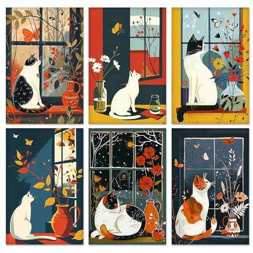 QENSPE Lot de 6 Kit Peinture par Numéros, Toiles Tendues Peinture Acrylique pour Adultes, Débutants et Étudiants, Fournitures pour Soirées Dessin, Chat Fleur et Fenêtre (20x30 cm)