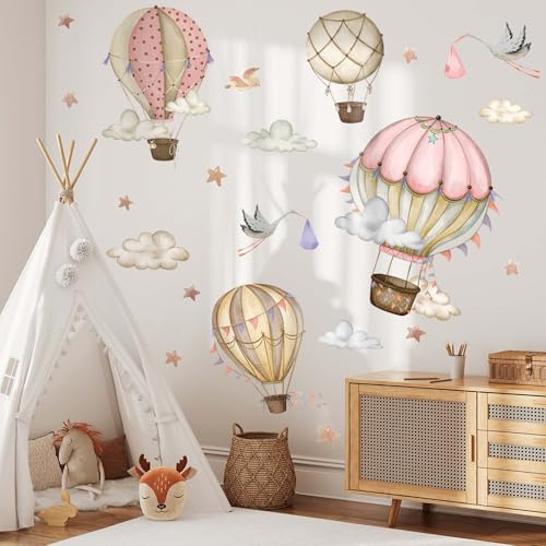 FUFUQUARE Wandtattoo Kinder Heißluftballon Rosa Wandaufkleber Vögel Sterne Wolken Vinyl Selbstklebend Wandsticker Kinderzimmer Babyzimmer Schlafzimmer Wanddeko