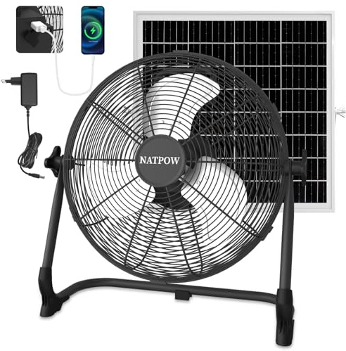 NATPOW Ventilador de Suelo Solar, 30cm Ventilador con Panel Solar, Potente y Silencioso, 13200 mAh, Hasta 27H, Équipé de ports USB, Idéal pour Camping, Plage, Chantiers, Patio, Invernadero, Interior