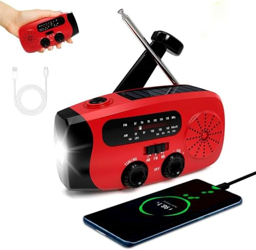 Radio Solaire à Remonter,Radio d'urgence Portable,Manivelle Solaire AM/FM,Banque d'alimentation Rechargeable 2000mAh,Chargeur Téléphone USB, Alarme SOS,Lampe LED pour Maison,Camping,Randonnée (1 pcs)