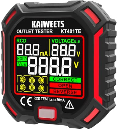 KAIWEETS Comprobador de enchufes con prueba de RCD y pantalla LCD de voltaje, indicador de tensión, 7 pruebas de cableado, medición de tensión de fuga, comprobador de enchufes 200-250 V, CAT II 300 V