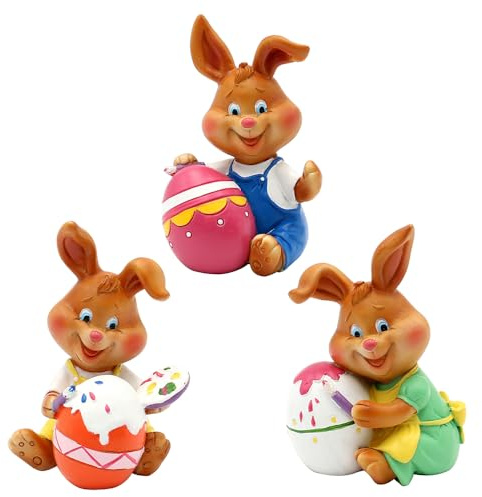 3er Set Dekohasen, Osterhase, Osterdeko, Keramikhasen, Osterfigur, Tischdeko Ostern, Porzellanhasen, Osterhasendeko, Hasenfiguren Eiermaler in bunt, Lieferumfang: 3 Stück, L/B/H 6,5 x 6 x 9 cm.
