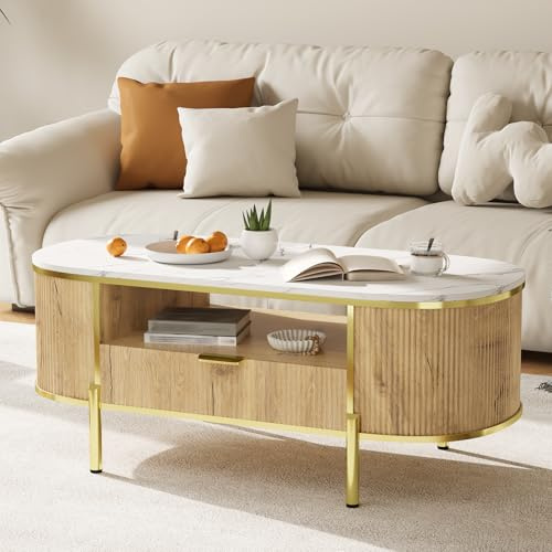 Modern Oval Coffee Table with Storage Organizer, 48 Wood Fluted Center Table for Living Room Office, Coffee Tables with Drawer, Shelf, Faux Marble Top, Curved Profile Design, Gold Metal Legs