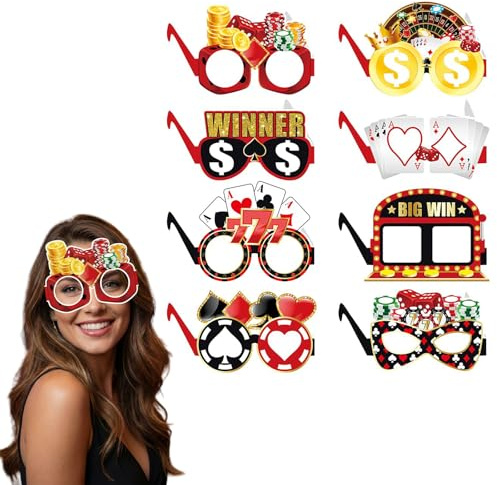 Gemejutor 8 Stk Papierbrillen Las Vegas Casino Set Lustige Partybrille mit Spielkarten Würfel Chips Fotobox Requisiten für Pokerabend Mottofeier Karneval Kinder Erwachsene