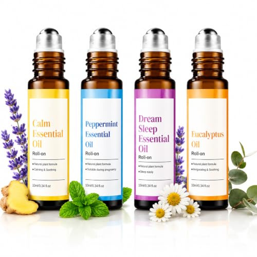 4Pcs Ätherische Öle Roll On Set - Aromatherapie Öl Set | mit Lavendel Öl, Pfefferminzöl, Eukalyptusöl & Ruhe Duft, Rollerball Öl für Handgelenk, Schläfen, Büro, Yoga & Reise