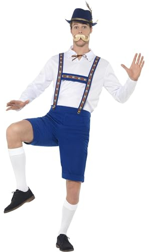 Smiffys Bavarian Costume, Blue with Shirt & Lederhosen, Oktoberfest Fancy Dress, Adult Dress Up Costumes
