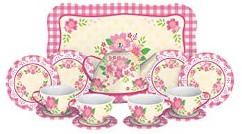 Schylling FNTS Fancy Tin Tea Set Pretend, Role Play, Red, Standard