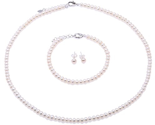 JYX perlenschmuck set Perlenkette Weiß Suesswasser Perlenkette Perlen Schmuck-Sets - Kleine Größe 5-6 mm weiße Perlenkette Armband & 925 Sterling Silber Ohrringe Schmuck-Set - Kette