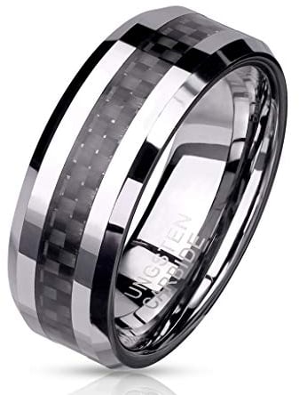 Paula & Fritz® Ring Herren Wolframcarbid Carbonfaser-Inlay Gr. 62 (19,7) Silber/Schwarz 8-mm Breit Herren-Ring Damenring Partnering Verlobungsring