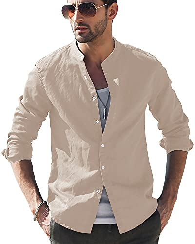 LVCBL Men's Casual Shirt Normal Heard Stand-Up Collar Shirt Casual Shirt Khaki 3XL