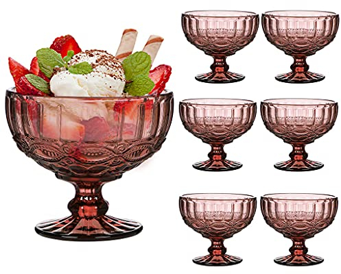 Dibor Glass Dessert Bowl Set of Embossed 300ml Footed Sundae Glass Dessert Cup Dishes (6, Pink)