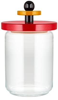 Alessi ES16/100 Küchendose aus Glas mit abgedichtetem Deckel aus Buchenholz, rot, schwarz und gelb 100 Values Collection, Steel