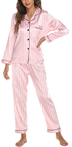 Onsoyours Ensemble de Pyjama Femme 2 Pièces Pyjama en Satiné De Soie avec Poche Manche Longue Classique Vêtements de Nuit A Rayures M
