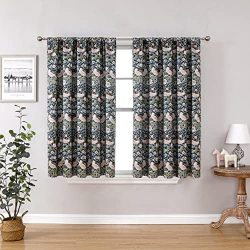 Obal William Morris Blackout Curtains Original Design Rod Pocket Curtains Thermal Insulated Soundproof Short Kids Curtains For Nursery, 66 x 54 Drop, Green Strawberry Thief (2 panels)