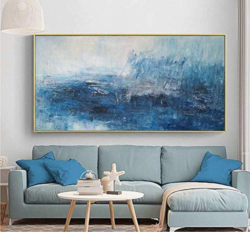 Ölbilder Auf Leinwand Handgemalt,Handgemalte Abstrakte Blaue Meereslandschaft Kunst Ölmalerei Auf Leinwand Wohnzimmer Restaurant Veranda Modernes Dekor Wandkunst Bild Kein Rahmen, 90X180Cm (35.4X70