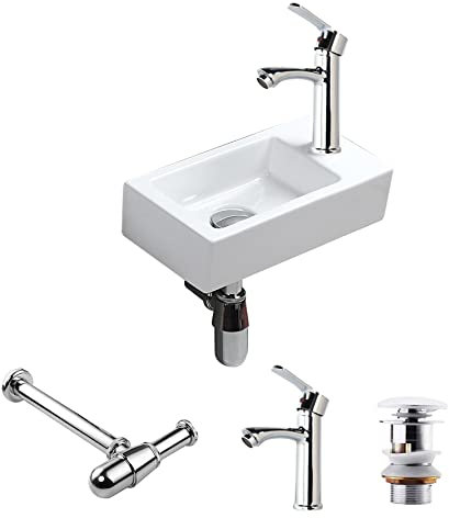 CROSS ZEBRA Lavabo mural rectangulaire amélioré avec siphon à calcination haute température Récipient en céramique Design blanc brillant Facile à installer et à nettoyer pour salle de bain WC (droite)