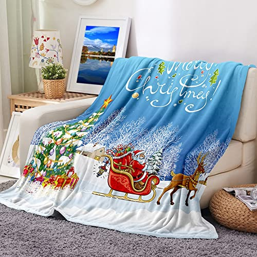 Daesar Fleece-Weihnachtsdecke, Doppel-/Einzelsofa/Bett, Flanelldecken, hellblaues REH mit Schlitten, Weihnachtsmann-Geschenken und Weihnachtsbaum, warme Winterdecke, 80 x 120 cm