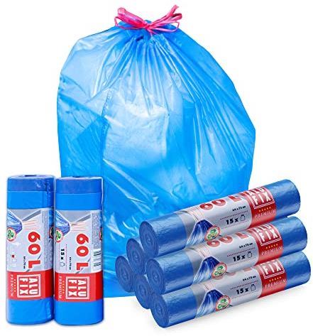 ALUFIX Müllsäcke 60L - 64x70 cm - 8 Rollen mit Zugband - Material LDPE - Extrem Reißfest Blaue Mülltüten - 8 Rollen mit je 15 Stück - Ideal für Reparaturen und Gewerbeabfälle