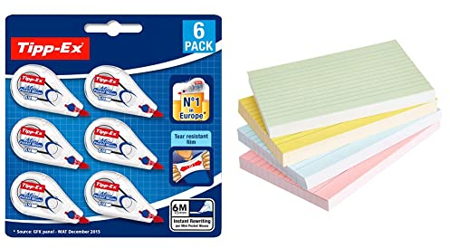 Tipp-Ex 962703 Korrekturroller Mini Pocket Mouse, 6 m x 5 mm, 2x3er Pack, Ideal für das Büro, das Home Office oder die Schule & Amazon Basics – Karteikarten, liniert, A6, 200 Stück