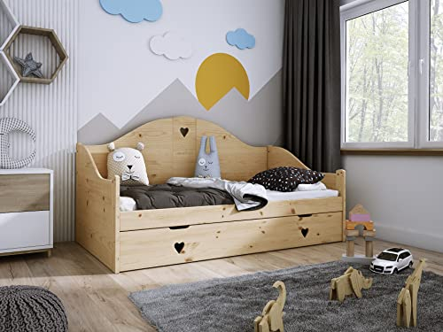 All4All Kinderbett ZOFFI - aus Naturholz - Jugendbett - Einzelbett - Kiefernholz - Massivholz - mit Schublade - mit Schaummatratze - Landhaus - rustikal - 80x160 cm