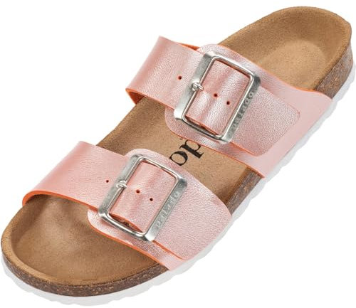 Palado Pantoletten Damen Samos EGS - bequeme Sandalen Made in Spain - Hausschuhe mit dämpfendem Kork-Fußbett - modische Sommerschuhe Orange Metallic UK9 - EU42