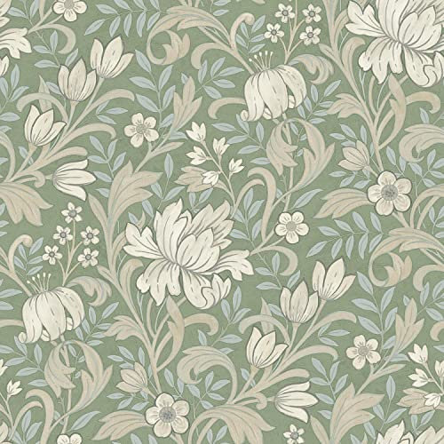 Marian Sage Green Floral Flower Wallpaper - Petals Garden Nature Modern Contemporary Feature Wall