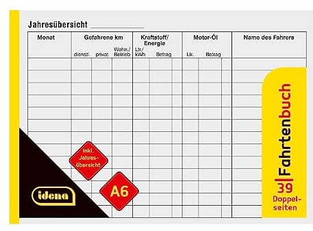 Idena 10844 - Fahrtenbuch, DIN A6, für ca. 312 Fahrten, 39 Doppelseiten, vom Finanzamt anerkannt