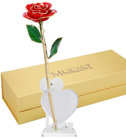 MUEAST Echte Rose getaucht 24 Karat Gold mit Liebesständer, bestes Geschenk für Ihre Freundin, Frau, Mutter, Jahrestag, Geburtstag, Valentinstag, Weihnachten (rot)