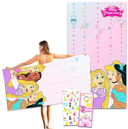 Disney Juego de toallas de playa Princess Girl Chat - Paquete de 40 x 72 pulgadas Disney toalla de playa con calcomanías y más | Accesorios de playa Disney
