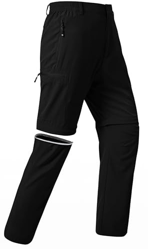 JINSHI Herren Wanderhose Zip Off Outdoorhose Leicht Schnelltrocknend Trekkinghose Abnehmbar Funktionshose mit 5 Reißverschluss-Taschen Schwarz EU L