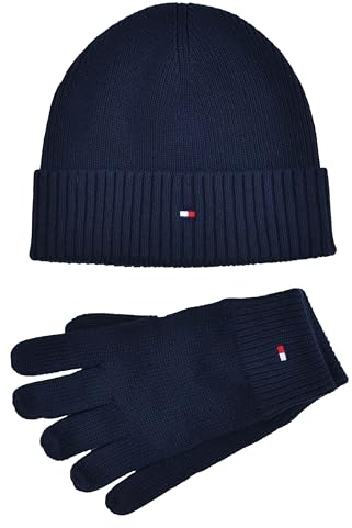 Tommy Hilfiger Strickmütze Mütze Handschuhe Set Beanie & Gloves Baumwolle Kaschmir Blau Gift Box