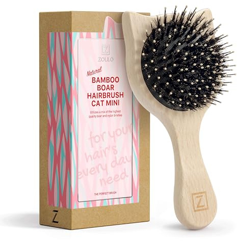 Natural Boar Bristle Hair Brush Cat shape, mini size, portable, easy carry for Women, Men, Kids; Dry and Wet Detangling Hair Brush Gently Enhances Shine, for Fine and Straight, Thick and Curly Hair