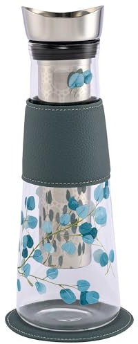 Karaffe EVE - Eucalyptus - mit herausnehmbarem Edelstahlsieb, Kunstleder Manschette und Untersetzer - geschmackneutrales und temperaturbeständiges Borosilikatglas - Füllmenge 1,25L