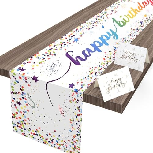 WuGU Tischläufer Geburtstag, Bunt Tischläufer Abwaschbar, Happy Birthday Tischdecke mit 10 Einladungen zum Geburtstag Tischdekoration für Kinder Geburtstag Party Dekoration-180x35 cm (Weiß)