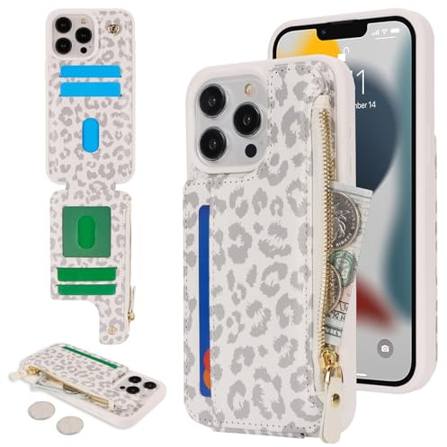 SailorTech for iPhone 12 Pro Max Phone Case with Credit Card Holder for Men, iPhone 12 Pro Max Case with Credit Card Slots Wallet Zipper Case for Women - White Leopard