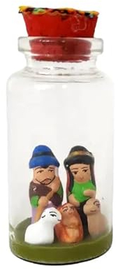 100 North, Anden-Stil, handgefertigt in Peru, 7,1 x 3,3 cm, Glas und Ton, Miniatur-Krippe in einer Flasche